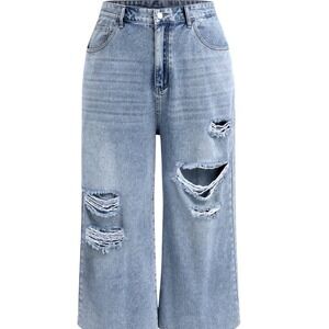 Trendy Distressed Light Wash Denim Wide Leg‎ Cropped Jeans
